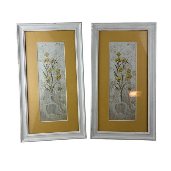 Cheri Blum Yellow Tulips in Vase Painting White Framed 9x18 Cracked Linen Set 2 - Picture 1 of 9